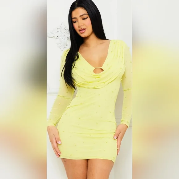 NWOT Symphony Elegant Yellow Mesh Dress With Yellow Beads - Picture 1 of 4